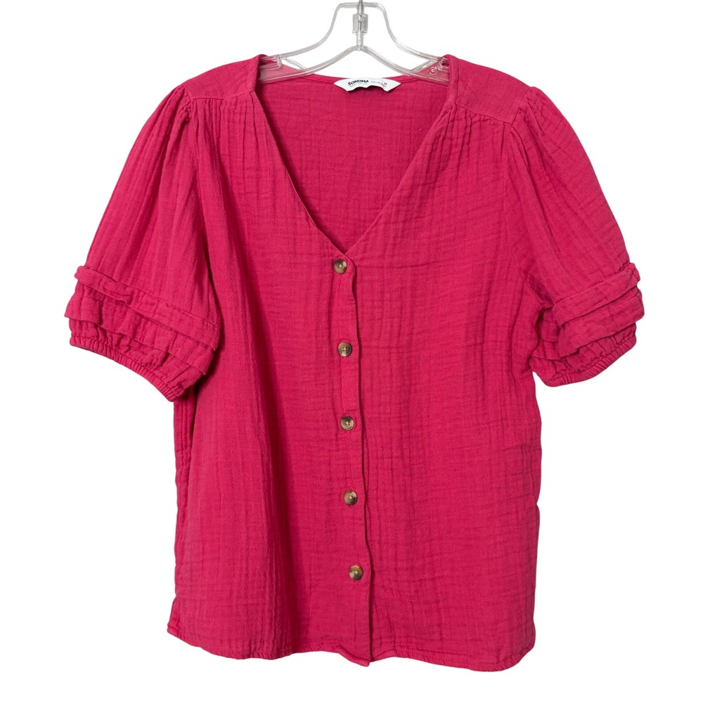 Sonoma Gauze Top Womens M Pink Button Front Puff Sleeve Ruffle Beach Preppy